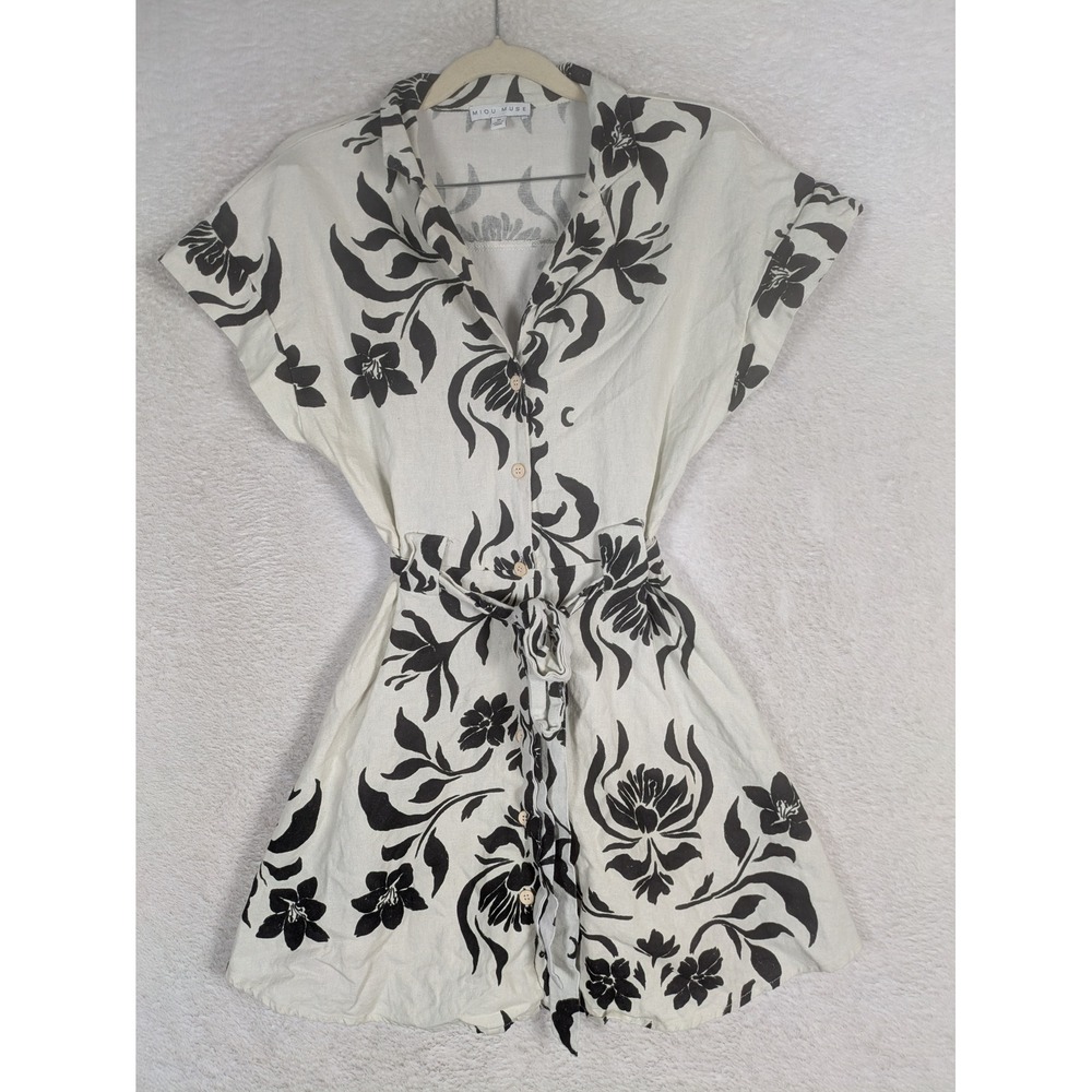 Miou Muse Button Front Dress Women's Medium Cream Black Floral Linen Blend